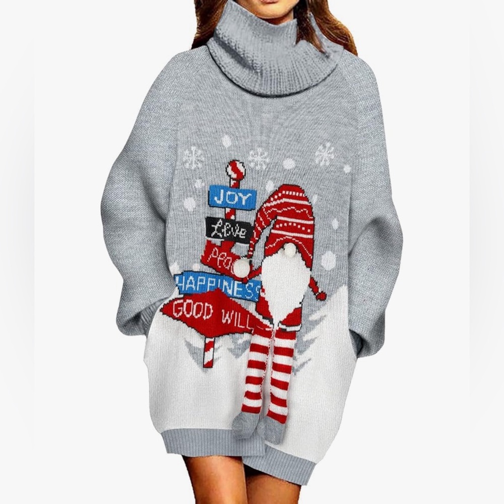 Women Turtleneck Loose Print Christmas Long Ugly Sweater Dresses Pocket baggy S
